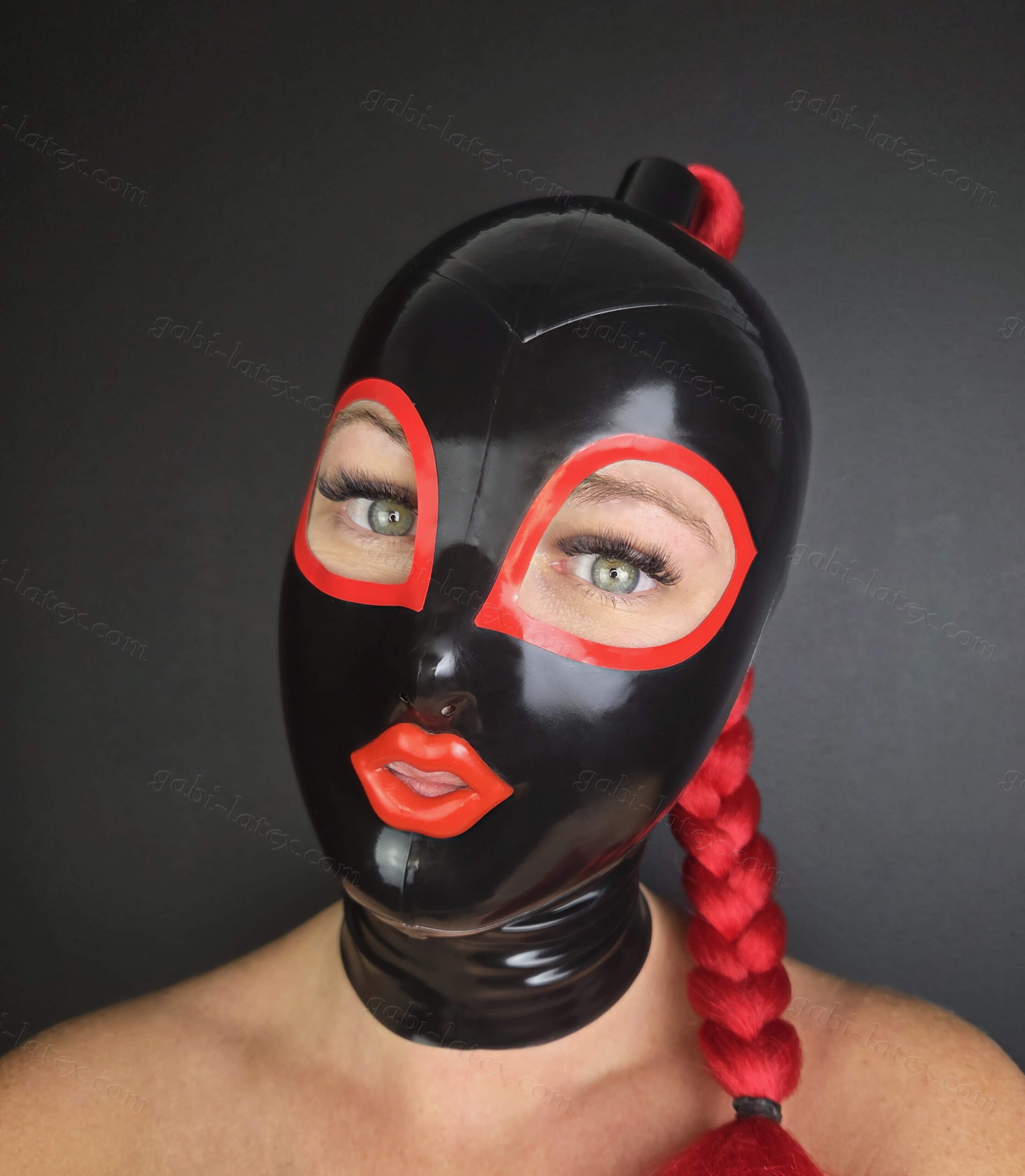 RED LIPS Latex Mask/Hood with Ponytail