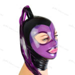 Black latex mask with a transparent purple facepiece and a latex ponytail