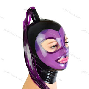Black latex mask with a transparent purple facepiece and a latex ponytail