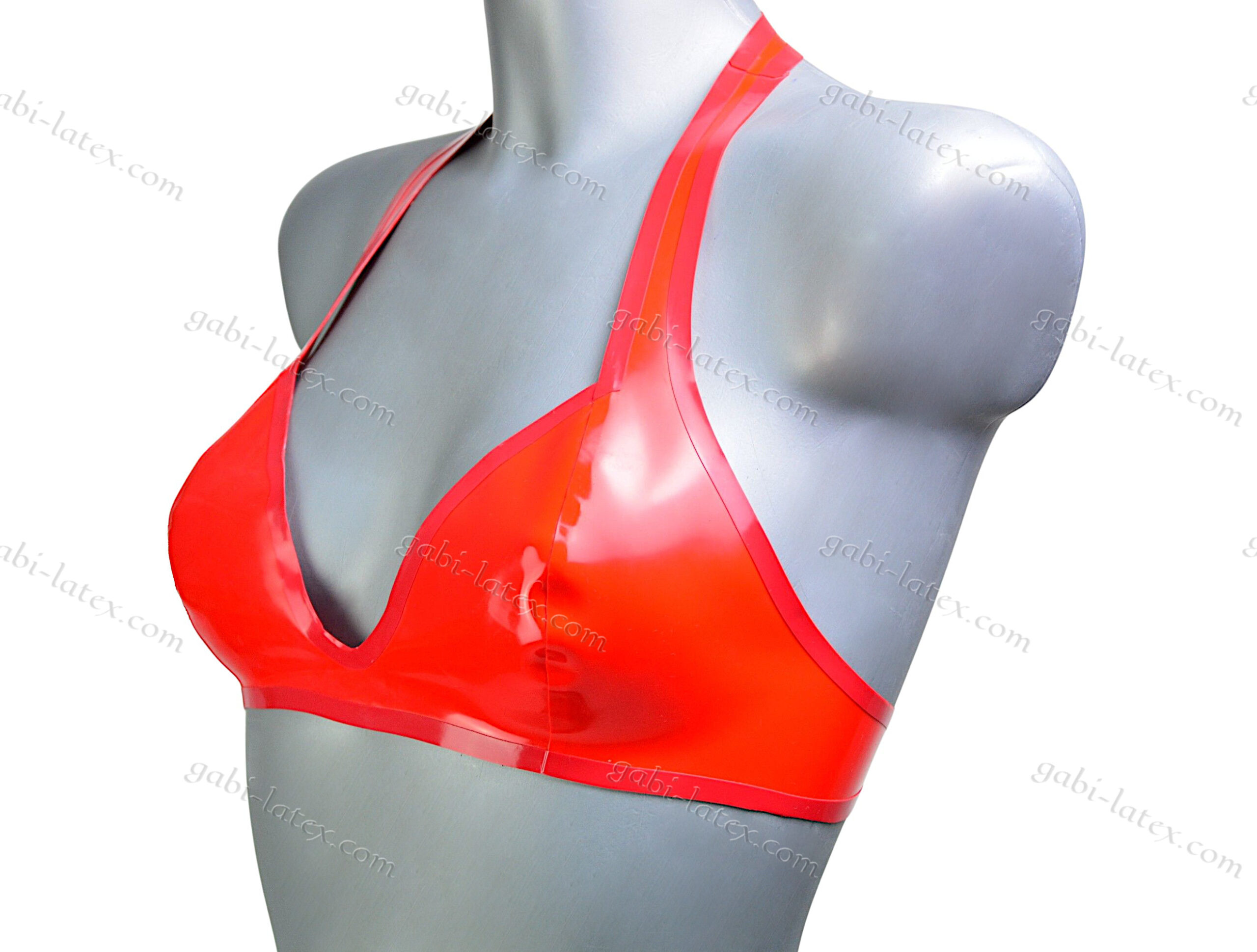 Latex halter plunge bra-neck top