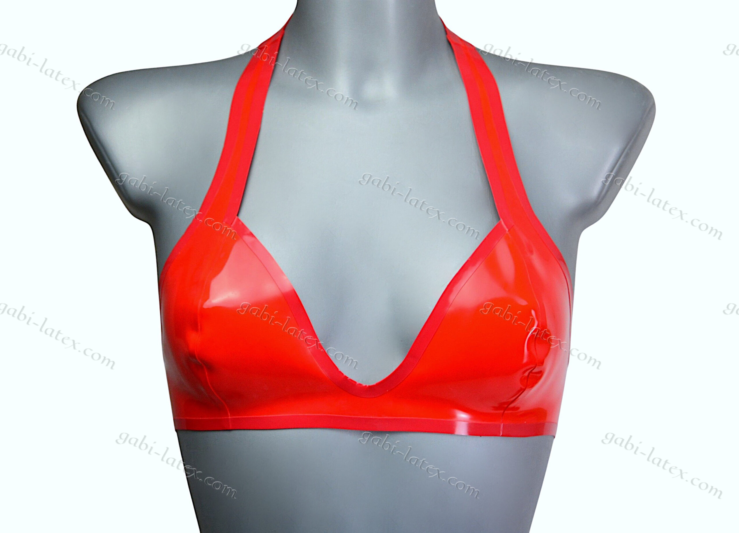 Latex halter plunge bra-neck top